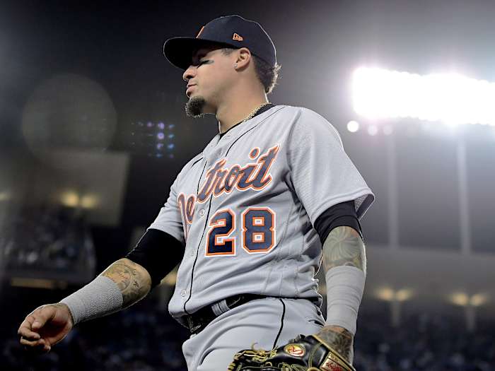 Apr 30, 2022; Los Angeles, California, USA; Detroit Tigers shortstop Javier Baez (28) returns to the dugout following the bottom of the sixth inning against the Los Angeles Dodgers at Dodger Stadium.
